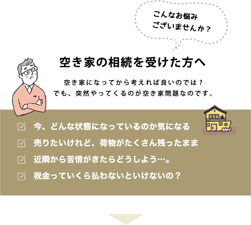 空き家の相続を受けた方へ　空き家になってから考えれば良いのでは？でも、突然やってくるのが空き家問題なのです。